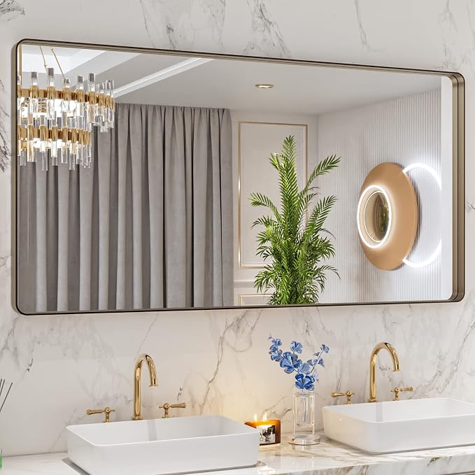 LOAAO 60”X30” Bronze Bathroom Mirrors for Vanity, Rounded Rectangle Brushed Bronze Metal Frame Mirror, Anti-Rust, Tempered Glass, Hangs Horizontally or Vertically