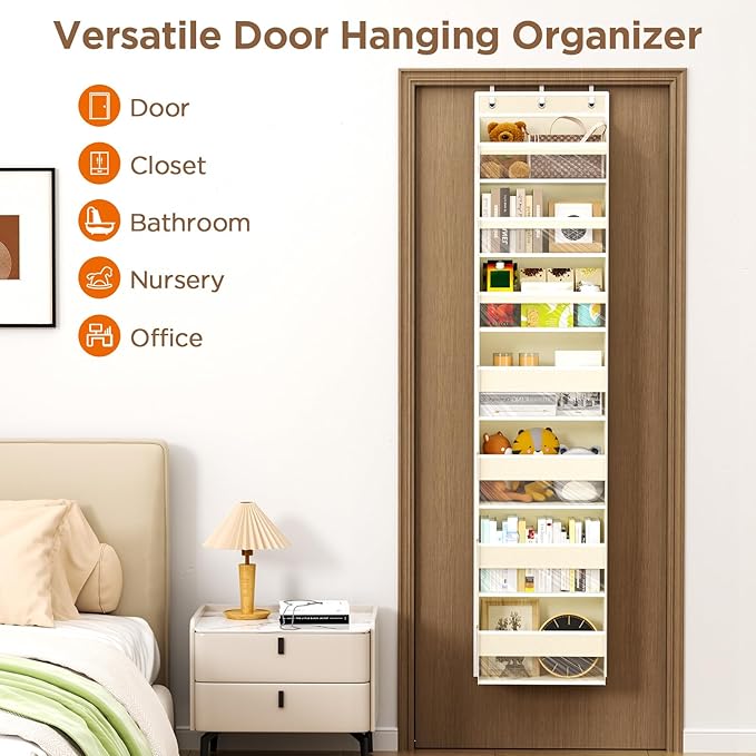 Over The Door Organizer, 7 Tier Door Hanging Organizers with 7 Large Pockets 12 Side Pockets, Behind Door Storage Hanging Shelves for Closet Bathroom Bedroom Nursery