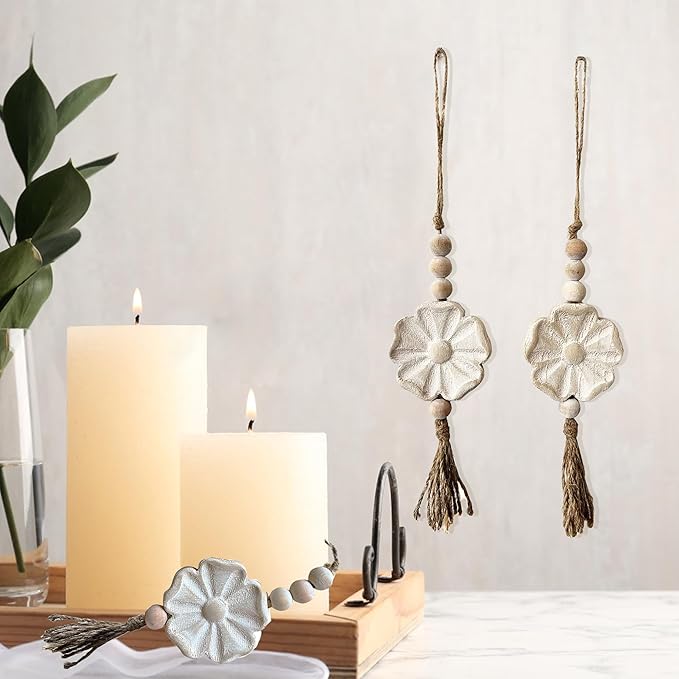 2pcs Carved Floral Tassels with Farmhouse Wood Beads - Multi-Functional Wall Decor Tray Home Decoration (Natural)