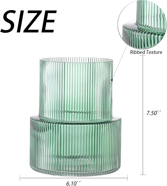 Green Glass Vase, Ribbed Glass Vase for Tulips, Flower Vases for Bouquet, Green Modern Vases for Living Room, Dining Table, Entryway, Mantle, Shelf, Wedding, Office, 7.5 Inches