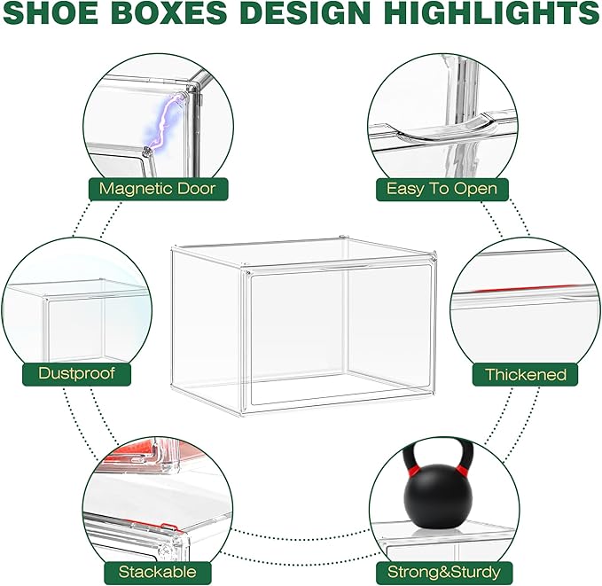 1 Pack Acrylic X-Large Shoe Box Clear Plastic Stackable Storage Boxes with Magnetic Door Shoe Organizer for Closet Sneaker Boot Shoe Storage,Fit up to US Size 14