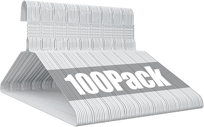 Wire Metal Clothes Hangers Bulk 100 Pack, 16 Inch 12 Gauge Standard Size, Slim Space Saving for Coat Suits Shirts Pants Skirts, Non Slip, White