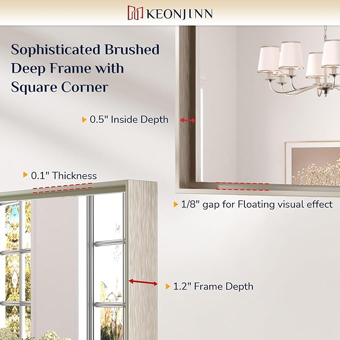Keonjinn 48 x 40 in Brushed Nickel Bathroom Mirror, Rectangular Wall Metal Framed Vanity Mirror Square Corner Aluminum Alloy Modern Rectangle Wall-Mounted Mirror(Horizontal/Vertical)