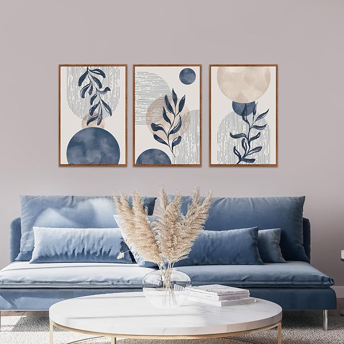 KAIRNE Boho Plant Wall Art Set of 3,Blue Bohemain Framed Canvas,Abstract Geometric Line Wall Painting,Modern Nature Prints,Botanical and Moon Wall Art for Living Room Bedroom Office - 3Pieces,16”X24”