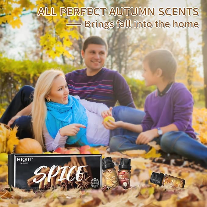 HIQILI Spice Fragrance Oil, Scented Oil 6x10ml for Candle Making Soap Slime, Fall Essential Oils for Diffuser Home, Cinnamon Pumpkin Vanilla Apple Cider Harvest Spice Fall Leaf, Christmas