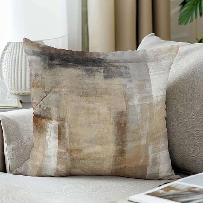 Beige Abstract Art Artwork Pillow Cover, Gallery Modern Decorative Throw Pillows Cushion Cover for Bedroom Sofa Living Room 22 x 22 Inch Set of 2