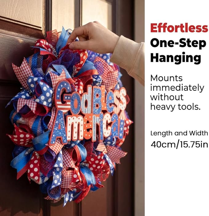 Patriotic Wreaths for Front Door, 250 Anniversary Decorations 4th of July Decorations Outdoor, Handcrafted Memorial Day Wreaths, Festival Celebration USA Flag Printed Wreath (D)