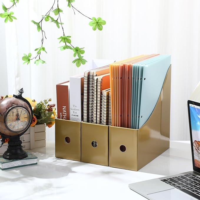Pasimy 8 Pack Magazine File Holders Cardboard Foldable Magazine Storage Organizer Vintage Gold Kraft File Document Book Storage Boxes for Family School Office Desk Supplies Table Mail Organizer Holder