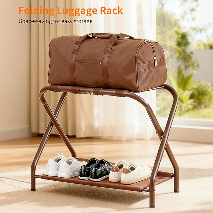Heybly Luggage Rack for Guest Room, Pack of 2, Steel Folding Suitcase Stand with Storage Shelf for Bedroom, Hotel, Foldable Steel Frame, Guest Room 26.2" L x 14.4" W x 20.5" H, Brown HLR004Z2