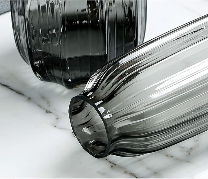 Black Grey Glass Vase for Flowers,Darl Grey Bud Tall Glass Vases,H-12.6" Simple Striped Design for Home Floor Decor,Farmhouse Decor, Centerpiece Coffee Table Decorations