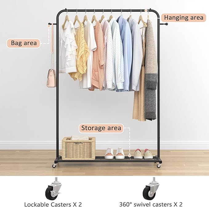 Sywhitta Clothing Rack on Wheels with Mesh Storage Shelf & Sturdy Metal Frame, Rolling Garment Rack for Hanging Clothes, Coats, Skirts, 39.76" L x 16" W x 64.56" H,Black