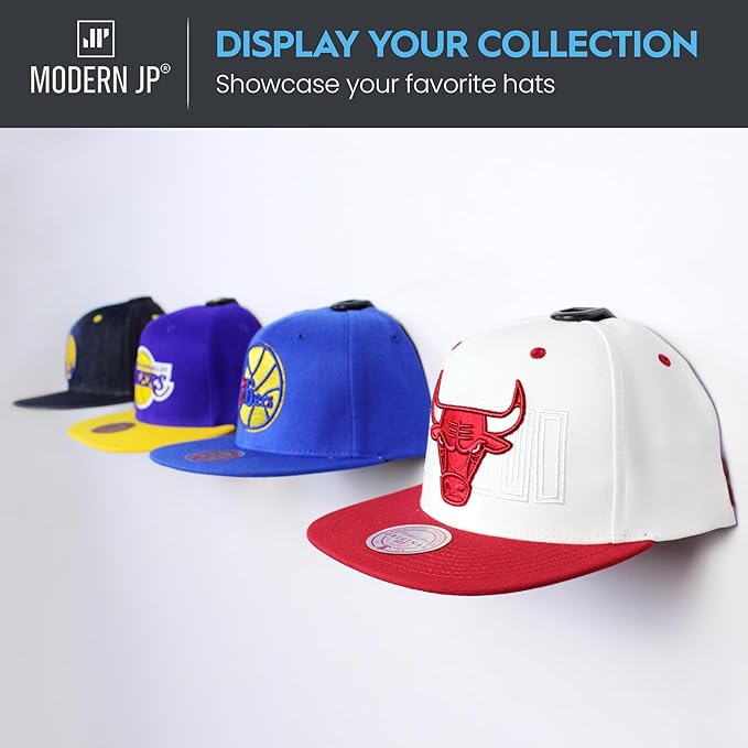 Modern JP Adhesive Hat Hooks for Wall (16-Pack) - Hat Rack for Baseball Caps, Minimalist Hat Display, Strong Hold Hat Hangers for Wall - USA Patented, Black