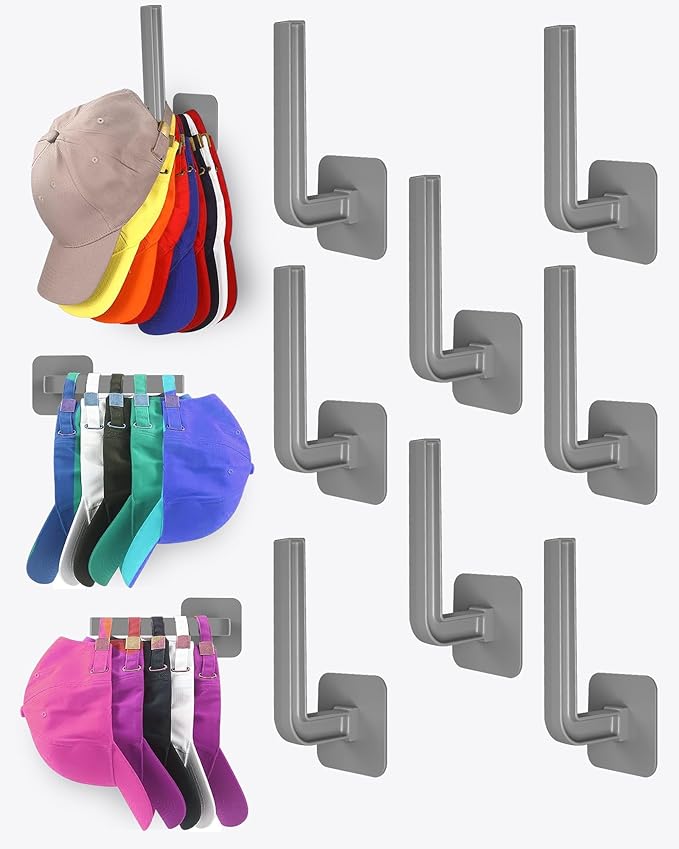 Hat Rack for Hat Storage(8-Pack), Multi-Purpose Hat Organizer, Strong Adhesive Hat Hooks for Wall, Hat Organizer for Baseball Caps, Two Mounting Options Hat Hook, Gray