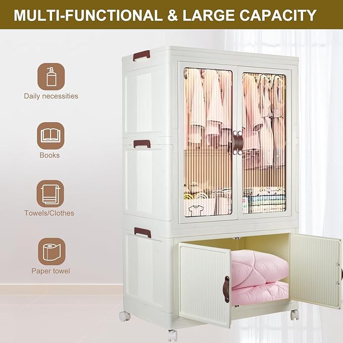 Portable Closet Wardrobe, Folding Storage Bins with Lid, Stackable Storage Box with Hanging Rod and Doors, Collapsible Plastic Clothes Cabinet with Wheels, 10 Hangers