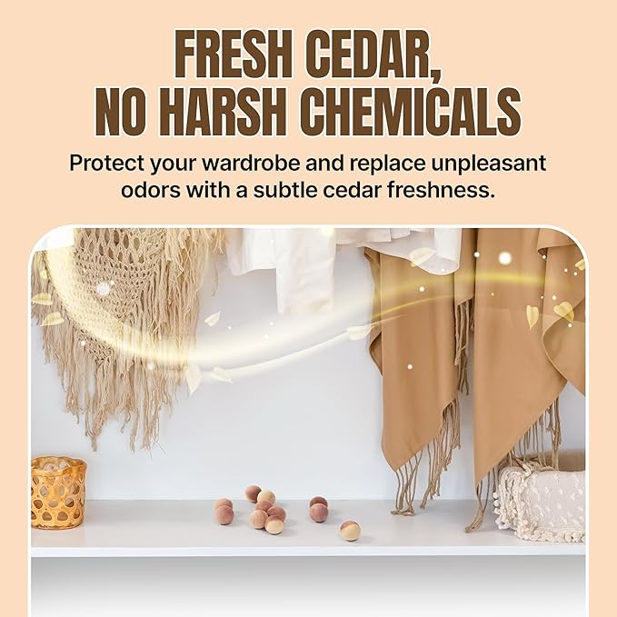 50 Cedar Balls for Clothes - Fresh Smell for Closets and Drawers - Protection for Garments - Cedarwood Closet Freshener & Protects from Moths - Wood Block for Drawer & Storage