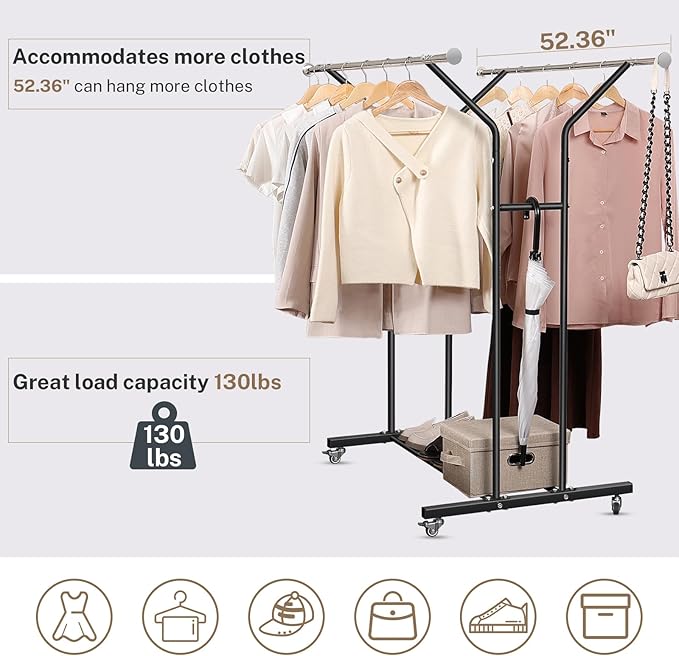 Clothing Rack, Heavy Duty Clothes Racks with Wheels and Bottom Shelf, 52.36’’ Metal Double Clothing Racks with Wheels, Wardrobe Rack for Hanging Clothes, Coats, Shirts, Skirts, Dresses, Black