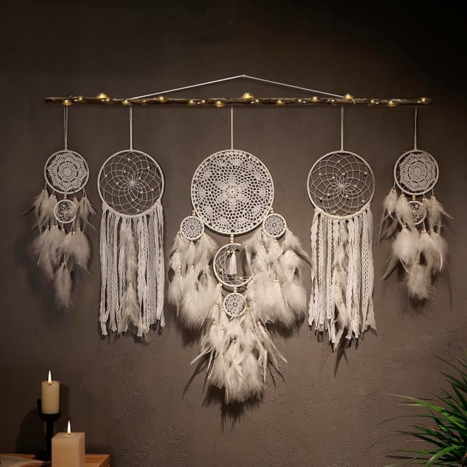 5 Pack Boho Dream Catcher Wall Hanging - White Handmade Dream Catchers Large Small Wall Decor for Bedroom Adult Sun and Moon Bohemian Hanging Decor Wedding Party Decoration for Women Teen Girls