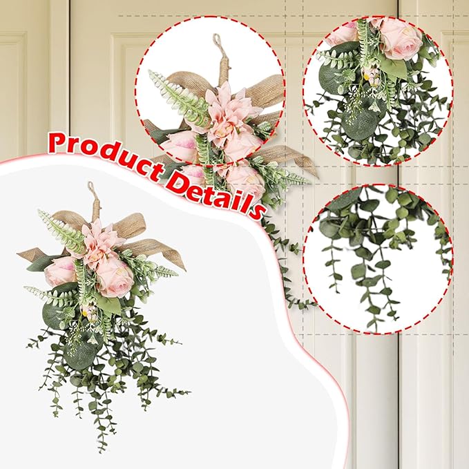 Artificial Flower Teardrop Swag Handmade from Silk Flowers and PP As A Decorative Flower Wreath Wall Ornament Garland Window Decoration for Various Us, Pink