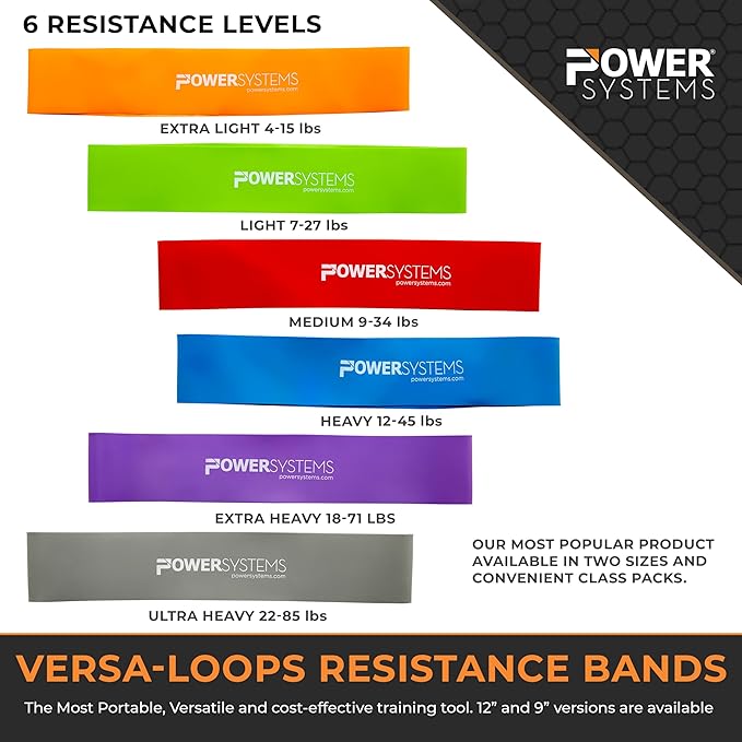 Power Systems Versa Loop Resistance Bands, 10-Pack – Color-Coded Exercise Bands for Workout, Strength Training, Physical Therapy