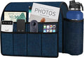 Ntomtuex Sofa Armchair Caddy Remote Control Holder with Water Bottle for Couch Recliner, Armrest Organizer with 7-Pocket Design for Magazines, Eyeglasses, iPad, Phone, Dark Blue