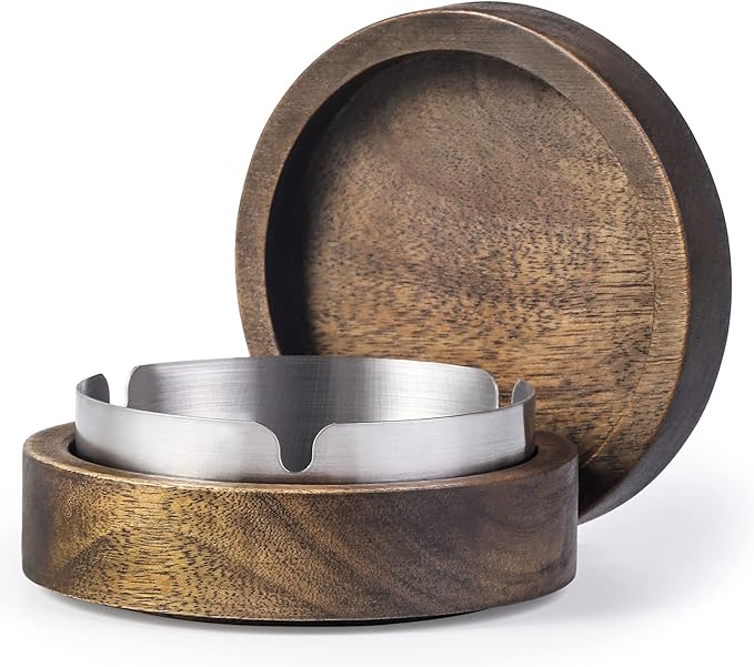 Wooden Ashtray with Lid for Smokers Stainless Steel Liner Ash Tray Windproof Durable Easy to Clean Cool Ashtrays for Indoor or Outdoor Use, Patio, Office & Home