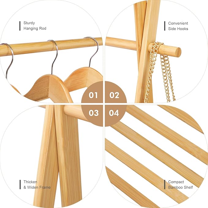 Bamboo Clothing Garment Rack with 2 Tier Storage Shelf Clohes Hanging Stand Portable Closet Organizer for Bedroom Small Apartment Guest Room Laundry Room