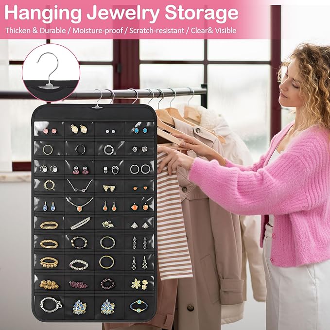 1 Pack Hanging Jewelry Organizer, 80 Clear Pockets earring organizer and storage, Accessories holder organizer for Closet, Jewelries, Necklace, Travel