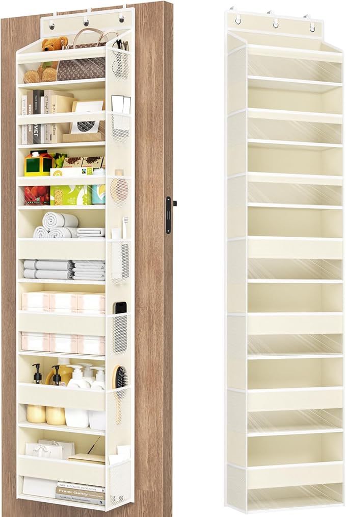 Over The Door Organizer, 7 Tier Door Hanging Organizers with 7 Large Pockets 12 Side Pockets, Behind Door Storage Hanging Shelves for Closet Bathroom Bedroom Nursery