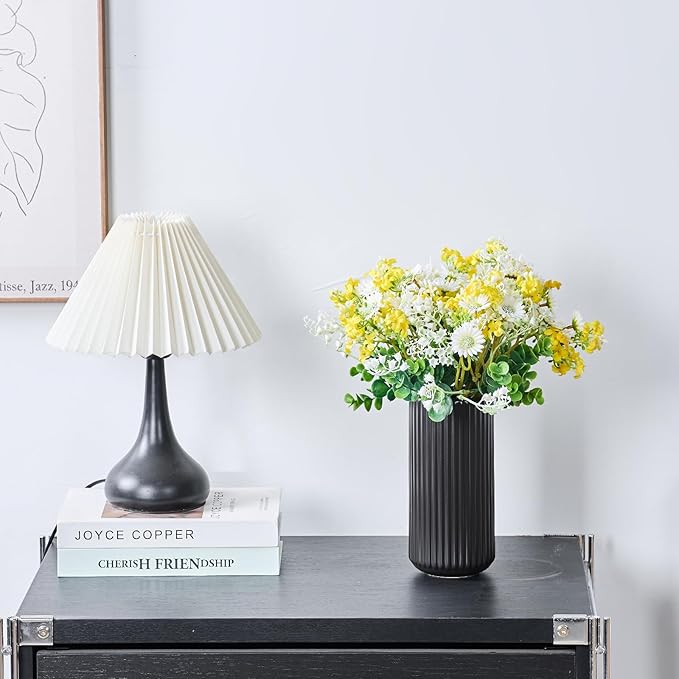 Black Ceramic Flower Vase for Pampas Grass, 8 inch Small Decorative Centerpiece Ribbed Vase for Dining Table, Office Desktop, Shelf Bookshelf, Mantel, Entryway, Bathroom, Countertop, Farmhouse, Gift