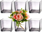 Square Glass Vases Set of 6, 4" x 4" x 4" Square Flower Vases for Centerpieces, Grey Vase for Flowers, Small Vase for Wedding, Party, Home Office Decoration