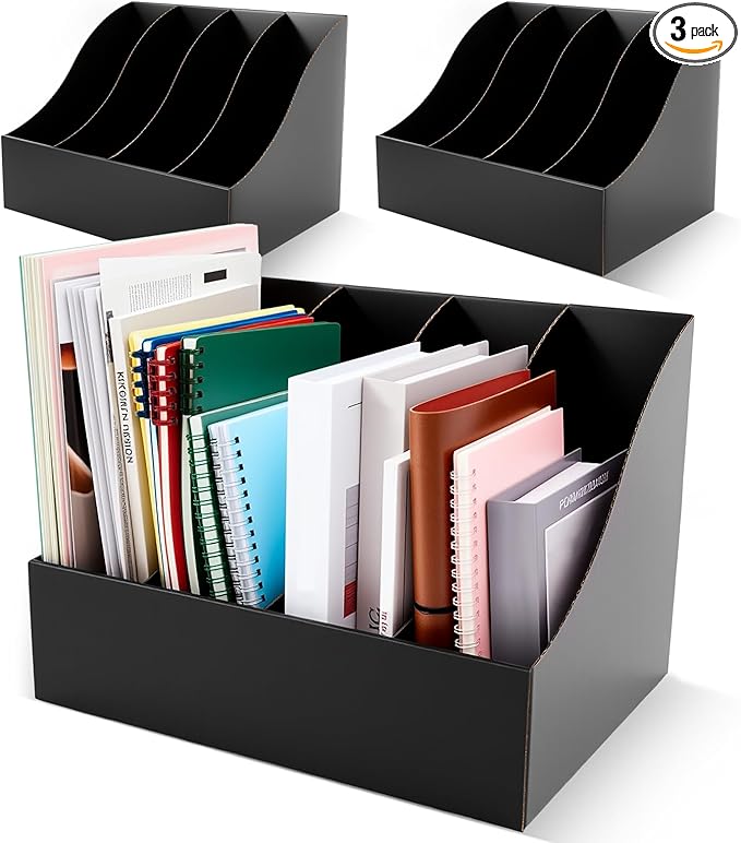 3 Pack Cardboard Magazine File Holders 12 Grids Vertical Book Bins 10.6'' x 10.2'' x 14'' Magazine Document Storage Box for Desk Shelves Home Office Classroom Library Use (Black)
