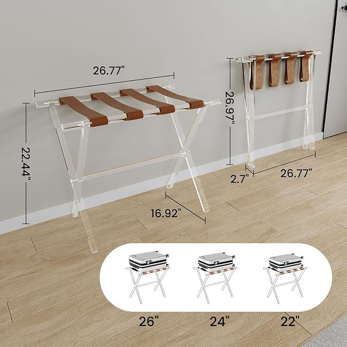 Sumerflos Acrylic Luggage Rack for Guest Room - Foldable Suitcase Stand with Leather Straps for Bedroom Living Room Hotel Heavy-Duty, Holds up to 50-100 lb lightweight Space Saving (Brown & Handle - 1 Pcs)