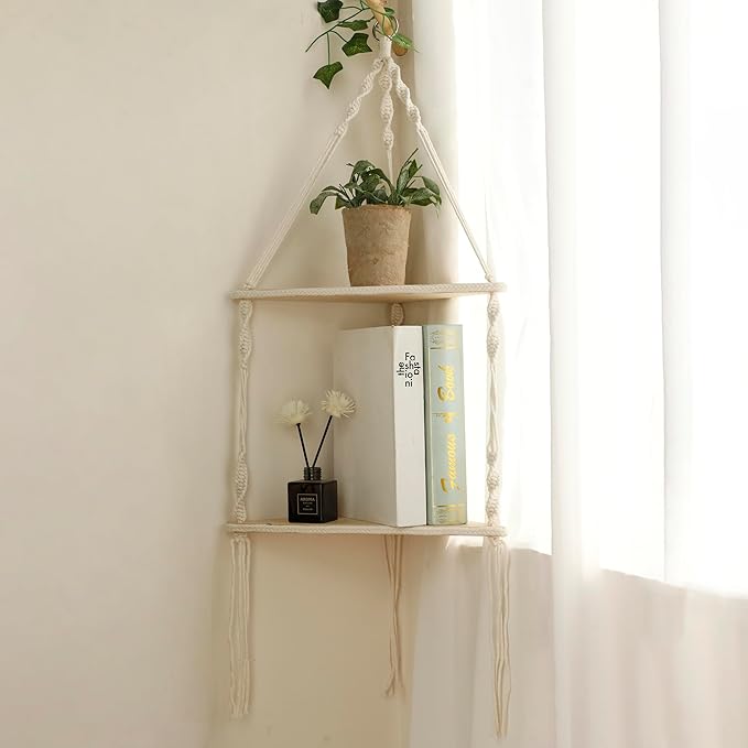 Artilady Macrame Corner Shelf Wall Hanging - 2 Tier White Corner Floating Shelves Boho Wall Decor, Rustic Wooden Plant Shelf Storage Rack for Bedroom Living Room Bathroom
