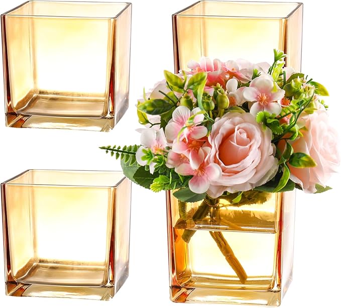 Square Glass Vases Set of 4, 5" x 5" x 5" Amber Flower Vases for Centerpieces, Square Vase for Flowers, Small Vase for Wedding, Party, Home Office Decoration