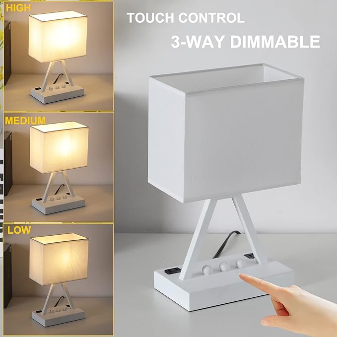 Briever Touch Control Table Lamp, 3-Way Dimmable Desk Lamp with USB C & USB A and AC Outlet, Bedside Lamp with Phone Stands for Bedroom, Living Room, Office, LED Bulb Included, White