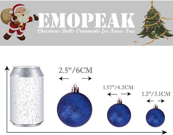 Emopeak 24Pcs Christmas Balls Ornaments for Xmas Christmas Tree - 4 Style Shatterproof Christmas Tree Decorations Hanging Ball for Holiday Wedding Party Decoration (Navy Blue, 1.3"/3.2CM)