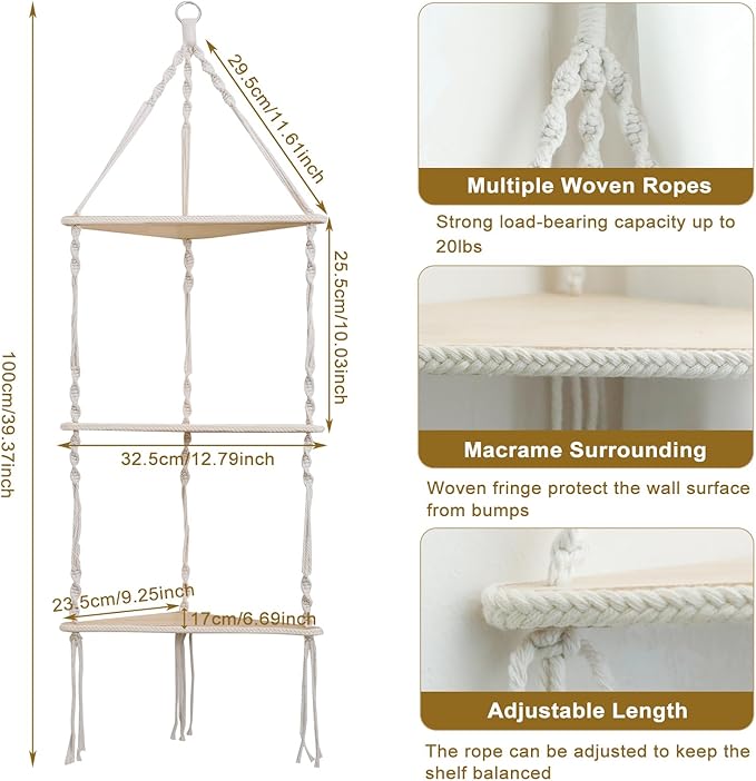 Artilady Macrame Corner Shelf Wall Hanging - 3 Tier White Floating Shelves Plant Corner Wall Decor, Boho Rustic Wood Plant Storage Rack for Bedroom Living Room Bathroom