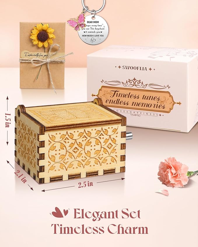 Swooflia Mother's Day Wooden Music Box for Mom with Sunflower Greeting Card - Hand Crank Engraved Musical Box Vintage Mechanism Personalized Gifts for Women Grandma On Birthday