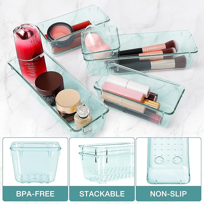 10 PCS Drawer Organizer Set, 4 Varied Size Bathroom and kitchen Drawer cabinet organizer Trays, Clear Storage Bins for Makeup, Jewelry, Utensils and Gadgets