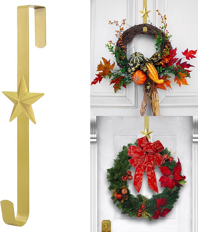 Wreath Hangers for Front Door,15" Sturdy Metal Wreath Doors Hangers,Over The Door Hooks for Front Porch Decor,Garland Hooks Holders for Halloween Christmas Decorations (Gold Star, 2 Pack)