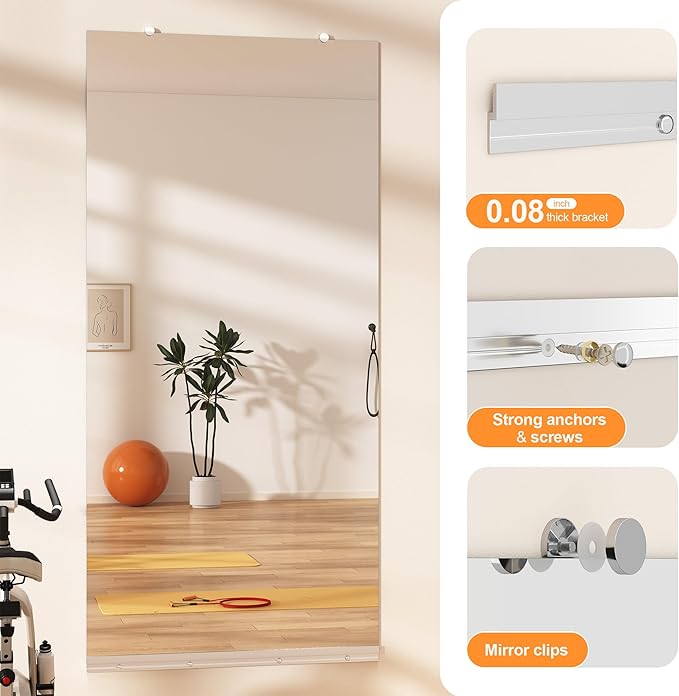 Hasipu Home Gym Mirror, 48"x24" Each, 4-Pack Frameless Wall Mounted Mirrors with Glass Clamps & 2 Aluminum Rail, Large Body Mirror for Home Gym, Yoga Studio, Bedroom, Silver Tempered Glass