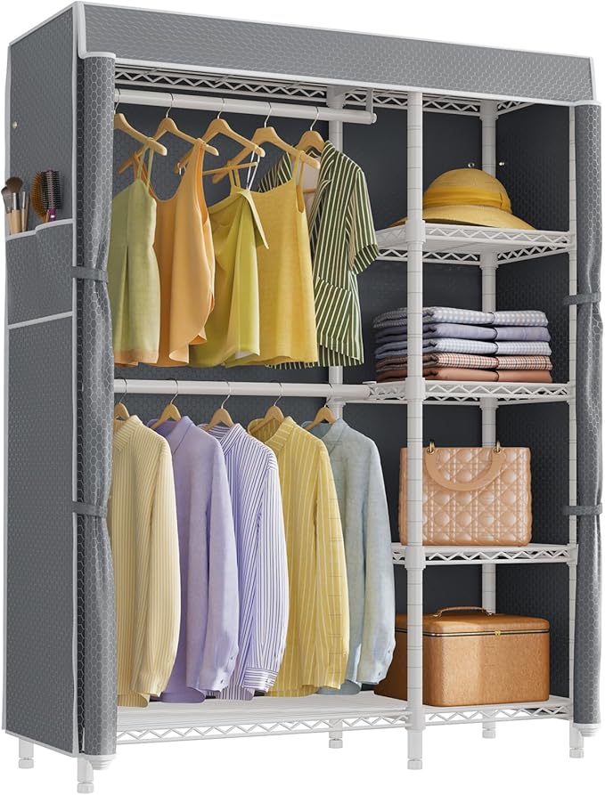 VIPEK V7C Garment Racks with Cover Portable Closets for Hanging Clothes, Heavy Duty Clothes Rack with Shelves Metal Closet Wardrobe, Max 670lbs, White Rack with Grey Upgraded Polyester Cover