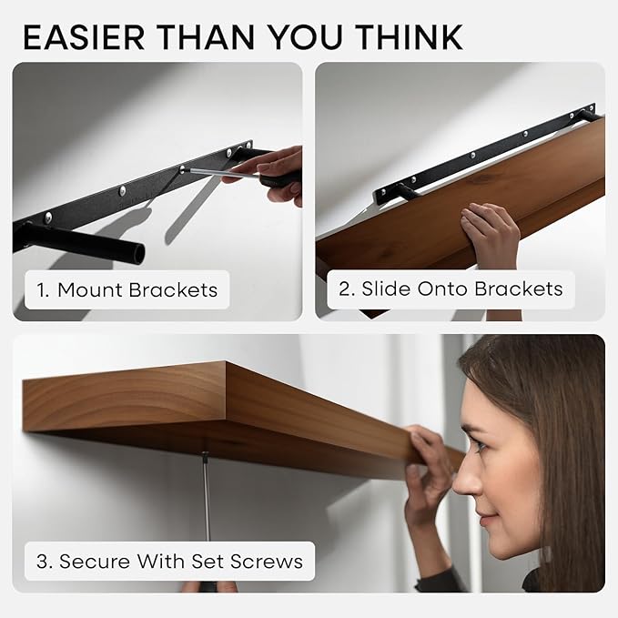 Homeforia 30inch Walnut Floating Shelves for Wall Mounted, High End Solid Real Wood 30 in Floating Shelf, Dark Brown Wooden 30 inch Long Floating Shelves, Heavy Duty Bracket, 30 X 6.5 X 1.75, Set of 3