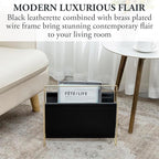 MyGift 15-Inch Modern Black Leatherette & Brass Plated Metal Magazine Holder – Floor Standing Faux Leather Sling Style Newspaper Rack for Home, Bathroom, Office Decor