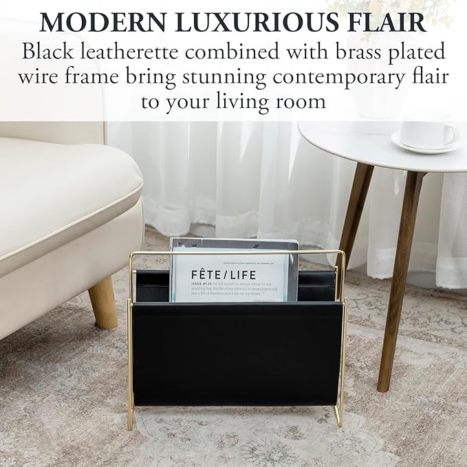 MyGift 15-Inch Modern Black Leatherette & Brass Plated Metal Magazine Holder – Floor Standing Faux Leather Sling Style Newspaper Rack for Home, Bathroom, Office Decor