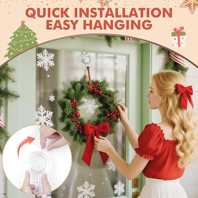 VIS'V Wreath Hanger, Large Twist Lock Suction Cup Wreath Hooks, Heavy Duty, 22 LB Capacity, Removable and Reusable, Round, Clear, 4 Pcs