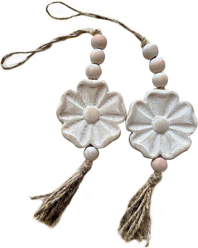 2pcs Carved Floral Tassels with Farmhouse Wood Beads - Multi-Functional Wall Decor Tray Home Decoration (Natural)