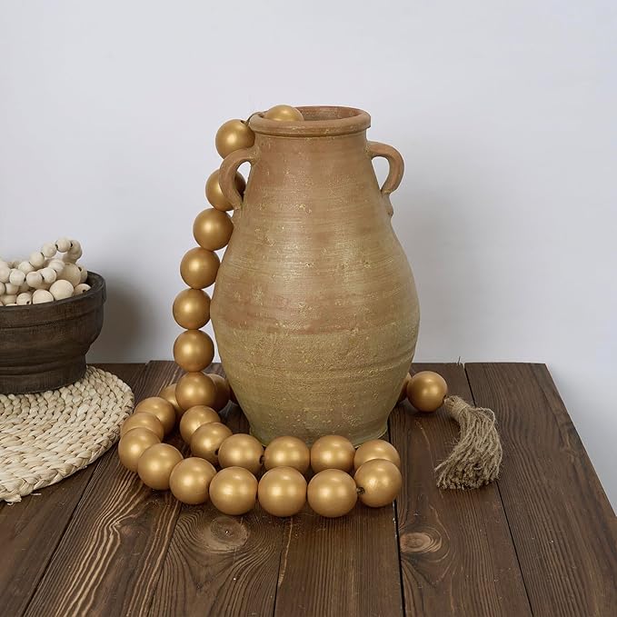 OMISHE 60" Long Extra Large Wood Bead Garland with 1.6" Diameter Wooden Beads and Tassels, Rustic Farmhouse Country Decorative Beads for Home Decor Tiered Tray Decor, Gold