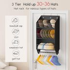 Over the Door Hat Rack - 3-Layer Design Hat Organizer Holds 30-36 Hats with 10 Hooks, Ideal Hat Rack for Door, Over the Door Organizer for Closet, Apartment, Bedroom, Dorm, 2 Pack, Black