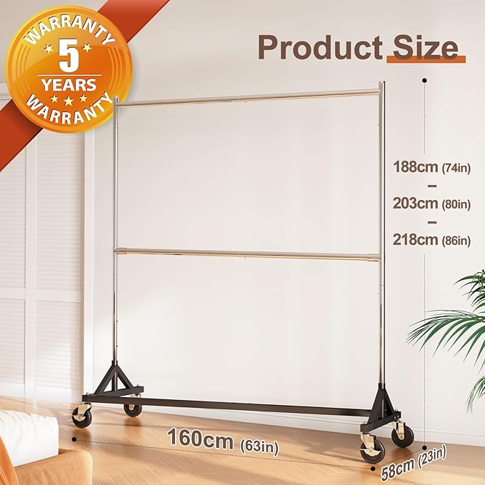 HOKEEPER Z Rack for Clothing Heavy Duty Clothes Rack Hold 550 LBS Commercial Garment Rack with Wheels Rolling Portable Z Base for Bedroom, Living Room, Laundry, Balcony 22.8" D x 62.6" W x 87.8" H